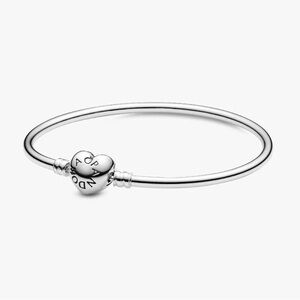PANDORA (7.5") Logo Heart Clasp Bangle Authentic Sterling Silver